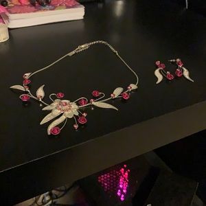 Pink rose necklace and earrings